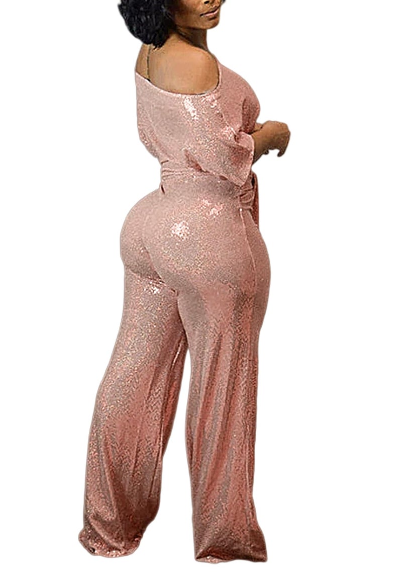 LKOUS Women's Off Shoulder Sequin Jumpsuit Sparkly Short Sleeve High Waisted Wide Leg Romper Beach Vacation Outfits - Image 3
